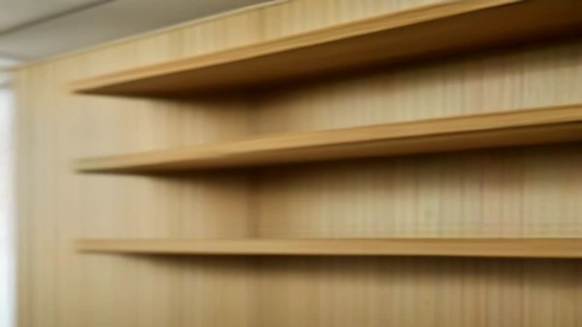 over-the-shoulder view of a bright showroom shelf with packaged products arranged in neat rows — illustrative photograph for this article